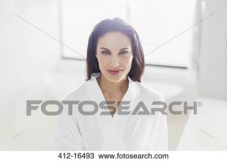 Portrait of smiling woman in bathrobe View Large Photo Image Stock Image - Portrait of smiling woman in bathrobe. Fotosearch