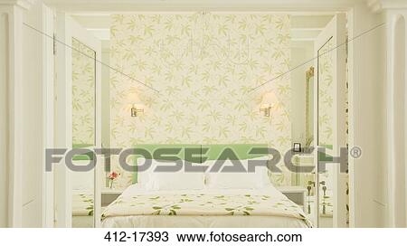 French doors open to luxury bedroom with wallpaper View Large Photo Image Stock Image - French doors open to luxury bedroom with wallpaper. Fotosearch