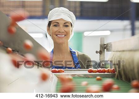 Stock Image - Portrait of smiling worker examining tomatoes at conveyor belt in food processing plant. Fotosearch