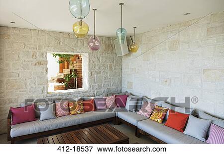 Cushions on patio bench View Large Photo Image Stock Photo - Cushions on patio bench. Fotosearch