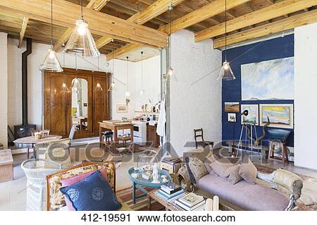 Living room and kitchen of rustic house View Large Photo Image Stock Image - Living room and kitchen of rustic house. Fotosearch