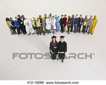 Portrait of graduates with workers in background View Large Photo Image Stock Photograph - Portrait of graduates with workers in background. Fotosearch