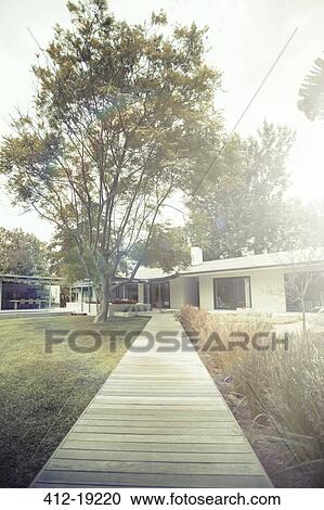 Wooden walkway of modern backyard View Large Photo Image Stock Image - Wooden walkway of modern backyard. Fotosearch
