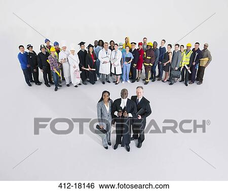 Stock Photograph - Workforce behind confident lawyers and judge. Fotosearch