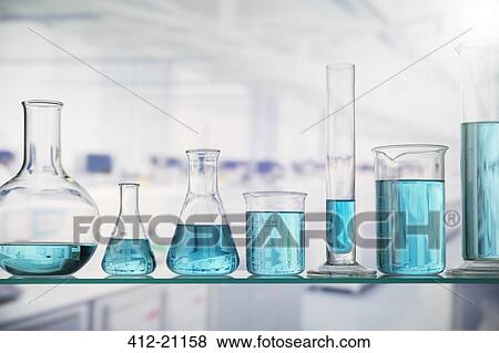 Beakers with solution on shelf in lab View Large Photo Image Stock Photo - Beakers with solution on shelf in lab. Fotosearch