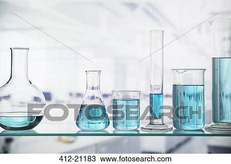 Close up of beakers with solution on shelf in lab View Large Photo Image Stock Image - Close up of beakers with solution on shelf in lab. Fotosearch