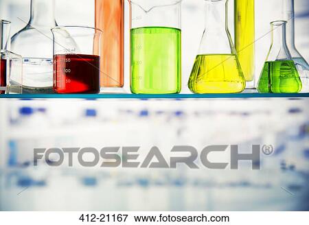 Close up of beakers with solution on shelf in lab View Large Photo Image Stock Photo - Close up of beakers with solution on shelf in lab. Fotosearch