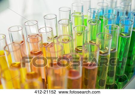 Stock Image - Close up of rack of test tubes with solution in lab. Fotosearch