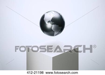 Stock Photo - Globe hovering over pedestal. Fotosearch