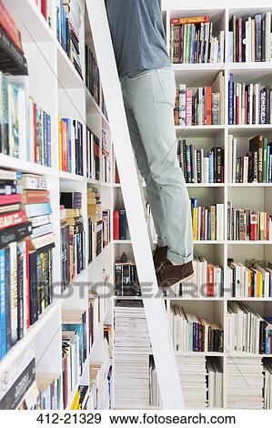 Man standing on ladder to reach books in library View Large Photo Image Stock Photo - Man standing on ladder to reach books in library. Fotosearch