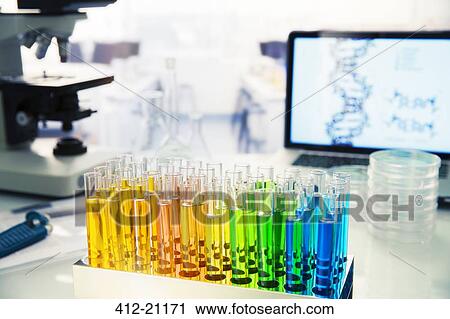 Rack of test tubes with solution on counter in lab View Large Photo Image Stock Image - Rack of test tubes with solution on counter in lab. Fotosearch