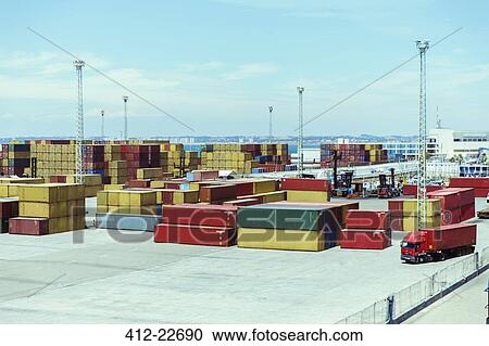 Stock Image - Cargo containers and truck. Fotosearch