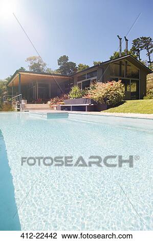 House exterior with large swimming pool View Large Photo Image Stock Image - House exterior with large swimming pool. Fotosearch