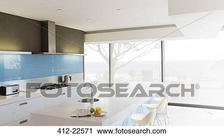 Modern white kitchen with kitchen island and stools View Large Photo Image Stock Image - Modern white kitchen with kitchen island and stools. Fotosearch
