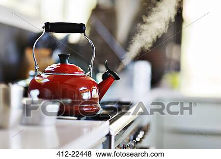 Red old fashion kettle on cooker with steam coming out View Large Photo Image Stock Photo - Red old fashion kettle on cooker with steam coming out. Fotosearch