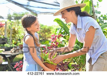 Smiling woman and girl with potted plant in sunny greenhouse View Large Photo Image Stock Image - Smiling woman and girl with potted plant in sunny greenhouse. Fotosearch