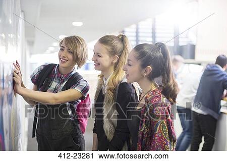 Three female students checking exam results in school corridor View Large Photo Image Stock Image - Three female students checking exam results in school corridor. Fotosearch