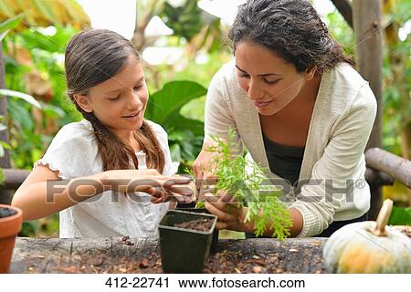 Stock Image - Woman and girl potting plants in garden. Fotosearch