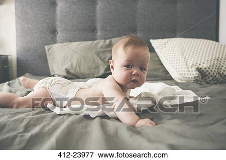 Portrait of little baby lying on front on bed with raised head View Large Photo Image Stock Photo - Portrait of little baby lying on front on bed with raised head. Fotosearch