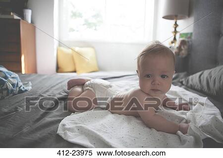 Portrait of little baby lying on front on spotted cloth with raised head View Large Photo Image Stock Photography - Portrait of little baby lying on front on spotted cloth with raised head. Fotosearch