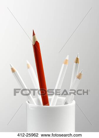 Tall red pencil in cup with smaller white pencils still life View Large Photo Image Stock Image - Tall red pencil in cup with smaller white pencils still life. Fotosearch
