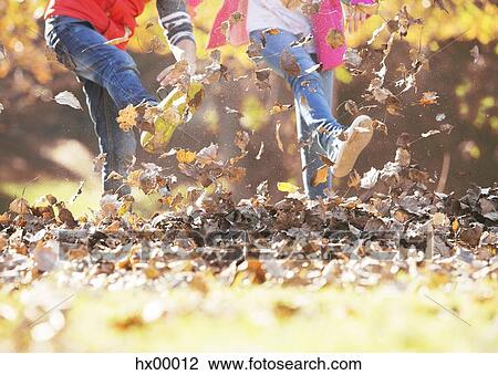 Boy and girl kicking in autumn leaves View Large Photo Image Stock Image - Boy and girl kicking in autumn leaves. Fotosearch