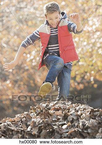 Enthusiastic boy jumping over pile of autumn leaves View Large Photo Image Stock Image - Enthusiastic boy jumping over pile of autumn leaves. Fotosearch
