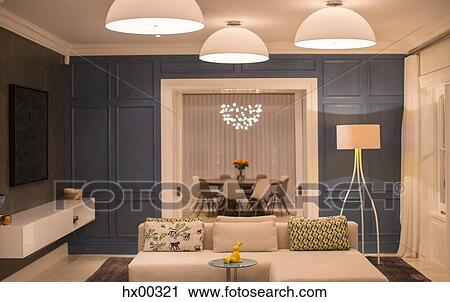 Illuminated domed lights over home showcase living room View Large Photo Image Stock Image - Illuminated domed lights over home showcase living room. Fotosearch