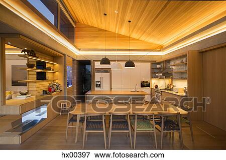 Illuminated home showcase kitchen View Large Photo Image Stock Photo - Illuminated home showcase kitchen. Fotosearch