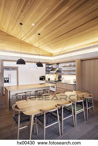Illuminated slanted wood ceiling over kitchen View Large Photo Image Stock Image - Illuminated slanted wood ceiling over kitchen. Fotosearch