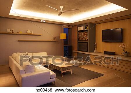 Illuminated Tray Ceiling Over Home Showcase Living Room Stock Photo