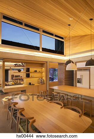 Picture - Illuminated wood ceiling over kitchen and dining table. Fotosearch