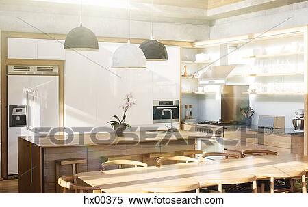 Modern kitchen and dining table View Large Photo Image Stock Photography - Modern kitchen and dining table. Fotosearch