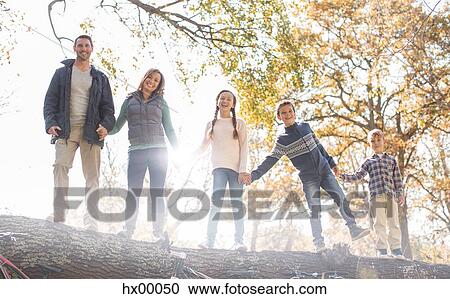 Stock Image - Portrait smiling family holding hands on fallen log in a row. Fotosearch