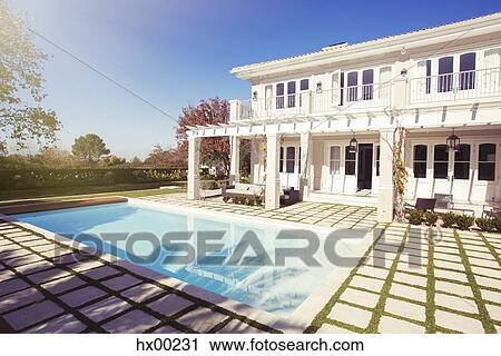 Swimming pool outside luxury house View Large Photo Image Stock Image - Swimming pool outside luxury house. Fotosearch