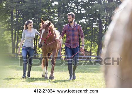 Couple walking horse in rural pasture View Large Photo Image Picture - Couple walking horse in rural pasture. Fotosearch