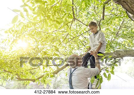 Picture - Grandfather helping grandson on tree branch. Fotosearch