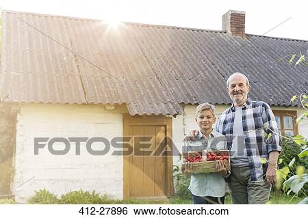 Stock Photograph - Portrait proud grandfather and grandson with harvested strawberries. Fotosearch