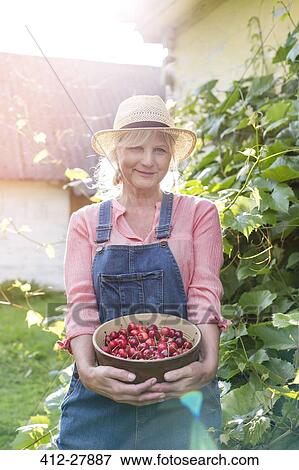 Stock Photo - Portrait smiling woman in overalls holding harvested cherries. Fotosearch