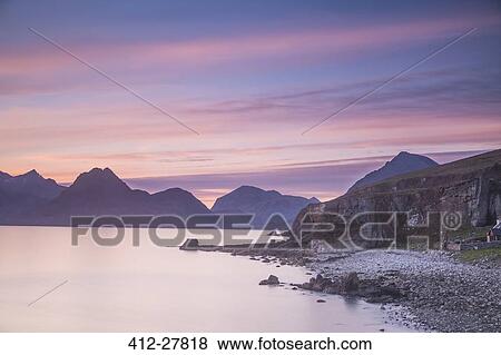 Pink sunset sky over mountains and calm lake, Elgol, Skye, Scotland View Large Photo Image Stock Photo - Pink sunset sky over mountains and calm lake, Elgol, Skye, Scotland. Fotosearch