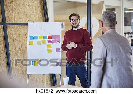 Businessmen discussing adhesive notes at flipchart in conference room meeting View Large Photo Image Stock Image - Businessmen discussing adhesive notes at flipchart in conference room meeting. Fotosearch