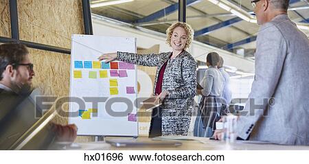 Stock Photograph - Businesswoman leading meeting at flipchart with adhesive notes. Fotosearch