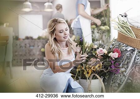 Florist selecting flowers in flower shop View Large Photo Image Stock Photograph - Florist selecting flowers in flower shop. Fotosearch