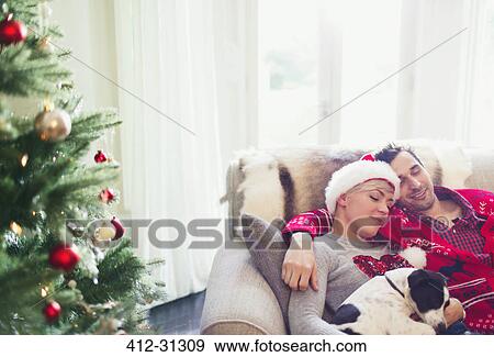 Stock Photo - Serene couple cuddling with dog on sofa next to Christmas tree. Fotosearch