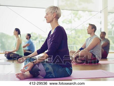 Serene woman in lotus position in yoga class View Large Photo Image Stock Photograph - Serene woman in lotus position in yoga class. Fotosearch