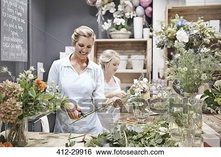Smiling florists arranging bouquets in flower shop View Large Photo Image Stock Photograph - Smiling florists arranging bouquets in flower shop. Fotosearch