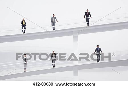 Portrait of business people at railings of elevated walkways View Large Photo Image Stock Photo - Portrait of business people at railings of elevated walkways. Fotosearch