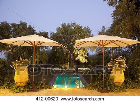 Stock Image - Garden surrounding lap pool at dusk. Fotosearch
