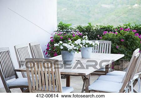 Picture - Potted flowers on patio table. Fotosearch