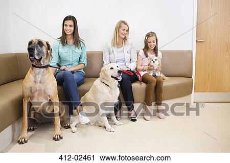 Stock Image - Owners bringing dogs to vet's surgery. Fotosearch